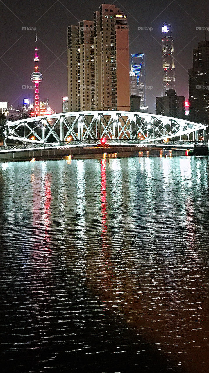 Lights and Shadow Reflections Night Shanghai China