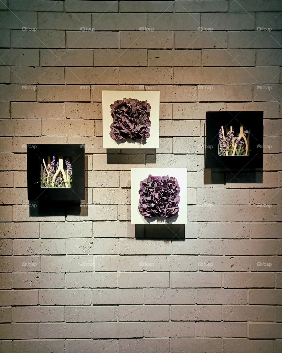Purple decorations on the wall.