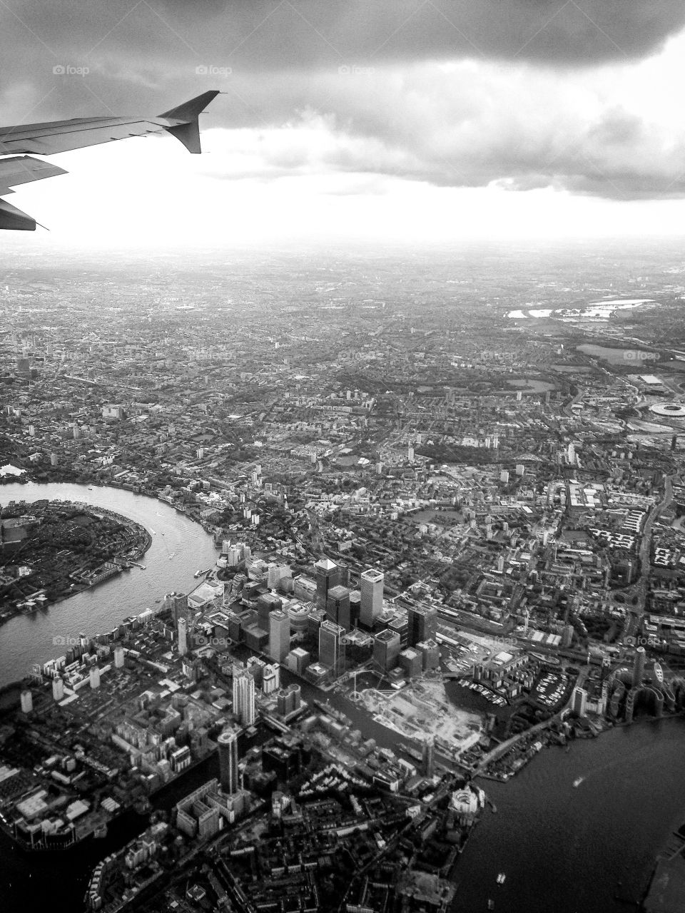 Flying over Canary Wharf in London.