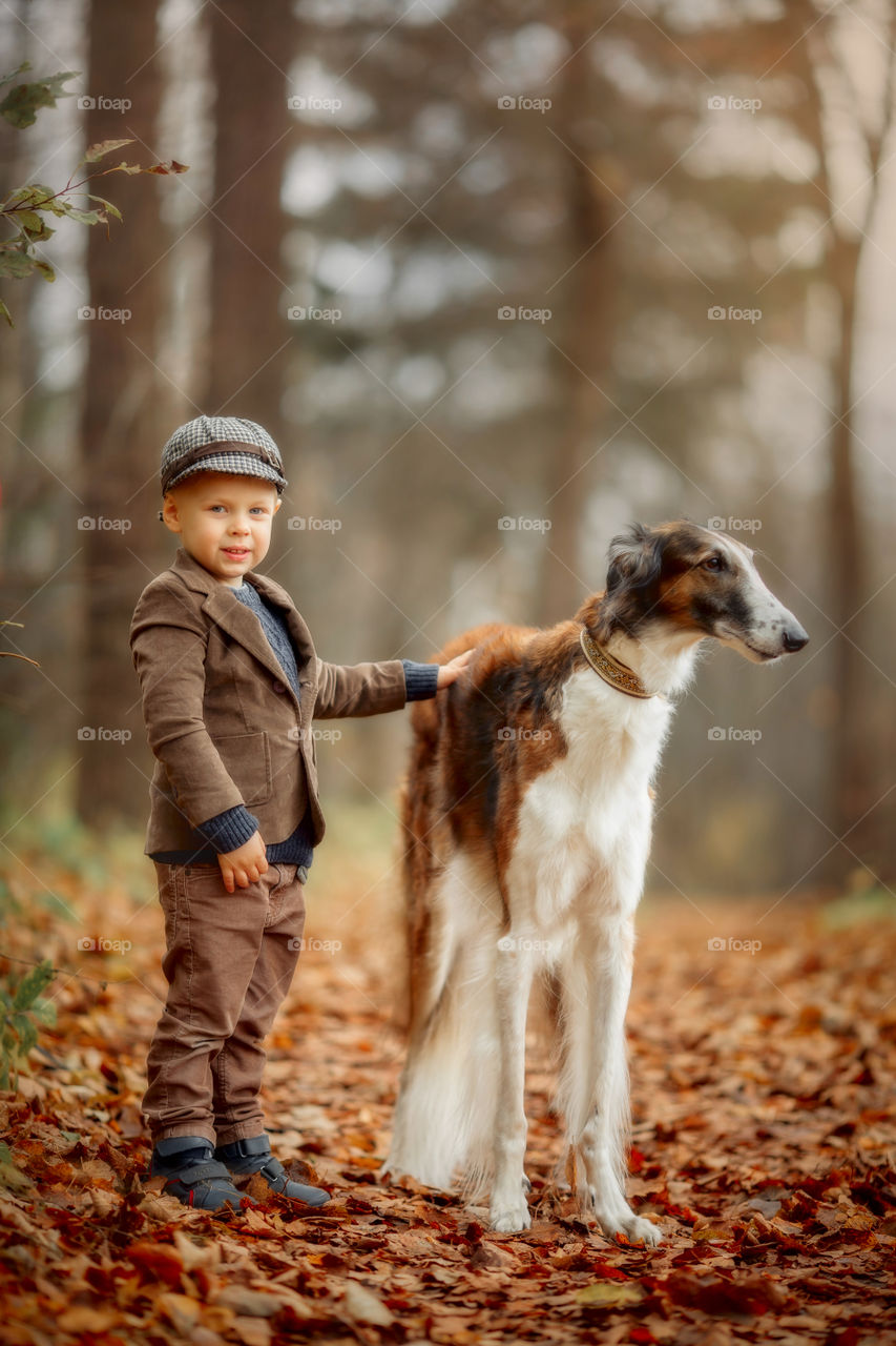 Cute boy with russian borzoi dog in an autumn park 