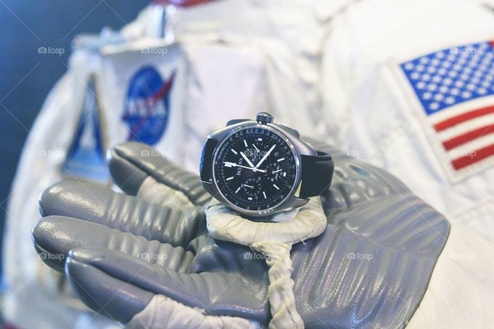 Celebrating the Bulova Moon Watch featuring a official replica space suit and glove. 
