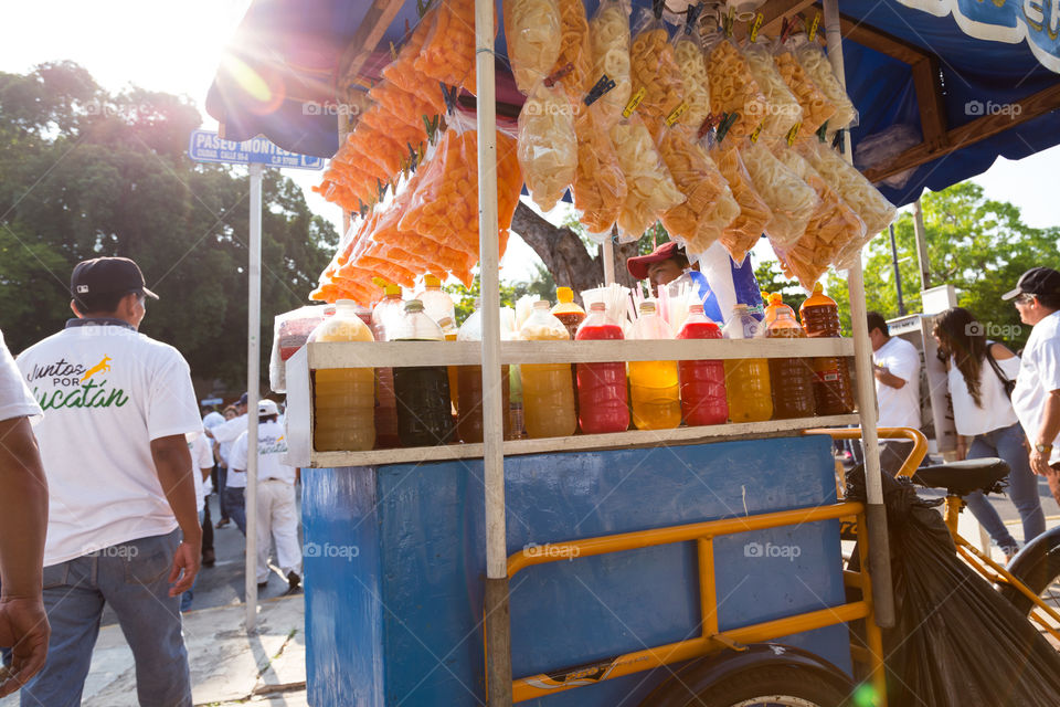 A tricycle modified to Sell food to people in May 1st International Workers' day celebration in Merida Yucatan