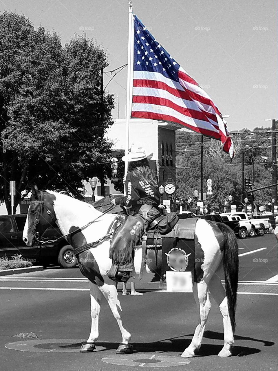 US flag, horse and rider