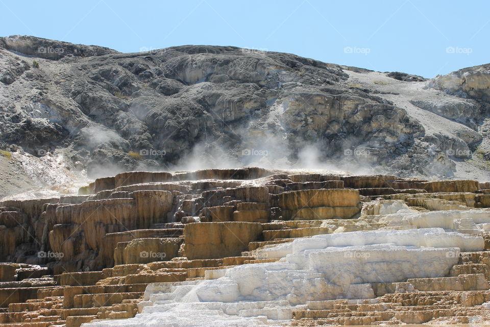 Steaming Mammoth springs at Yellowstone National Park.