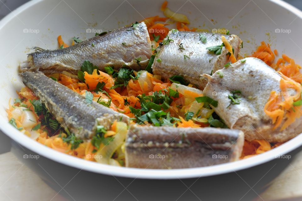 High angle view of fish food