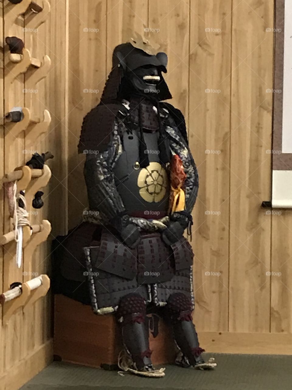 A samurai tosei gusoku on display in the martial arts dojo. A sight for sore eyes this reproduction armor definitely is.