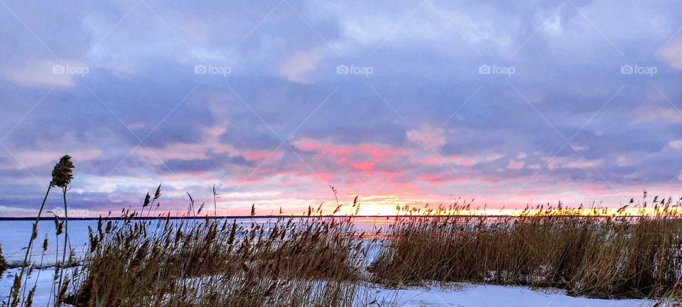 Beautiful sunset by the Baltic Sea, Finland, in March