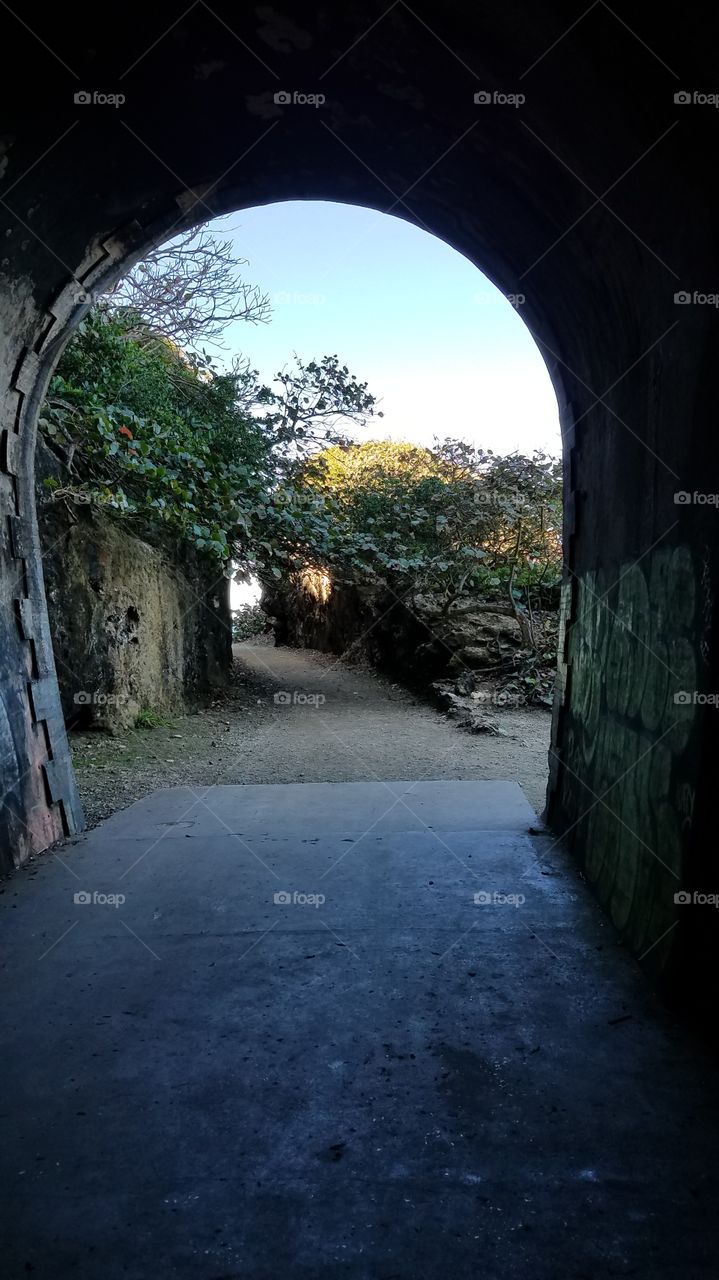 Former train tunnel converted into public park. the end of the tunnel visible. Puerto Rico