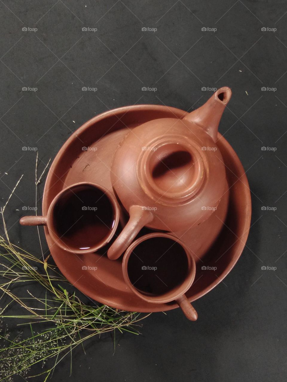 top view of tea set.  pottery