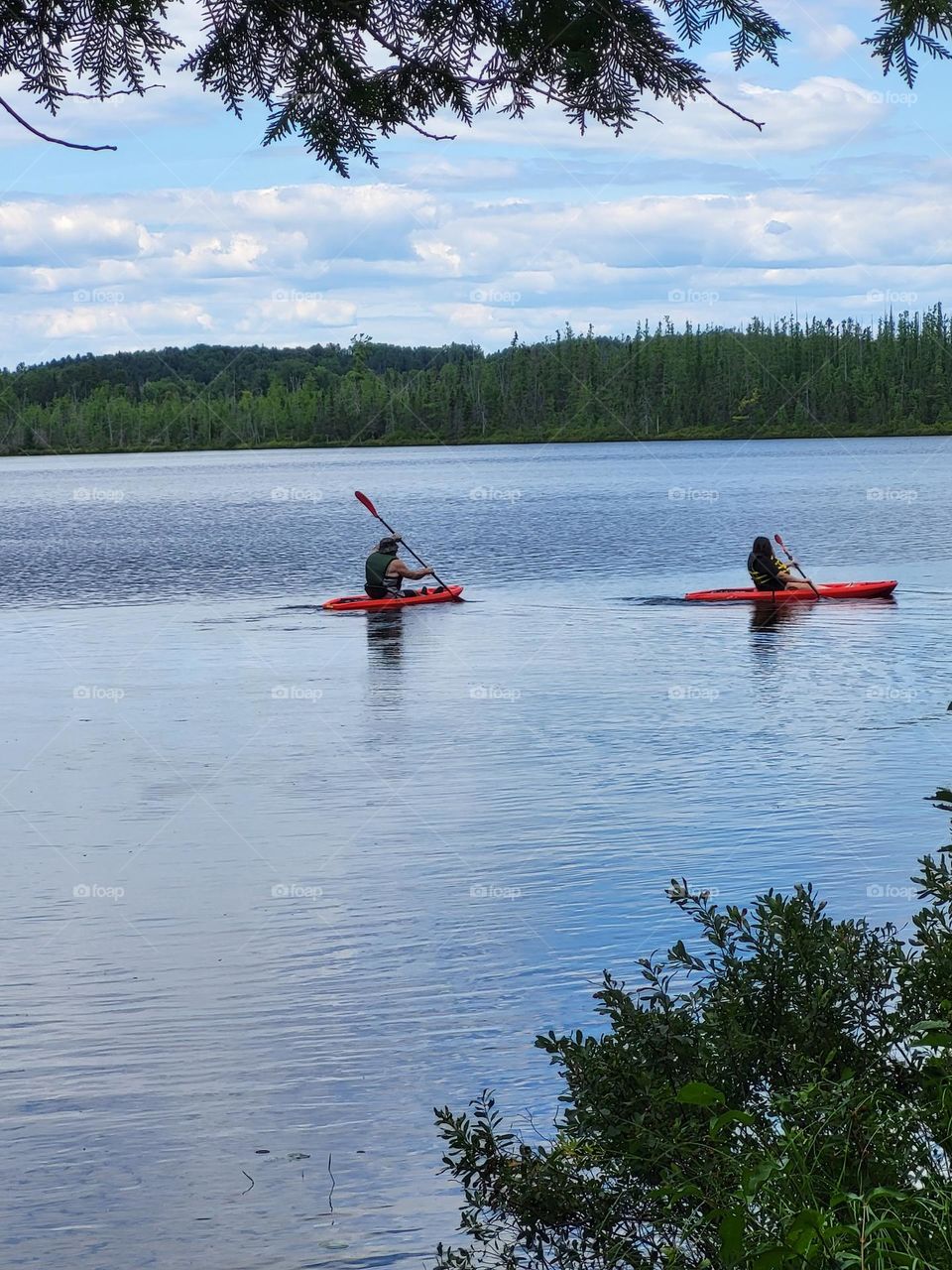 two people paddling kayaks on summertime lake