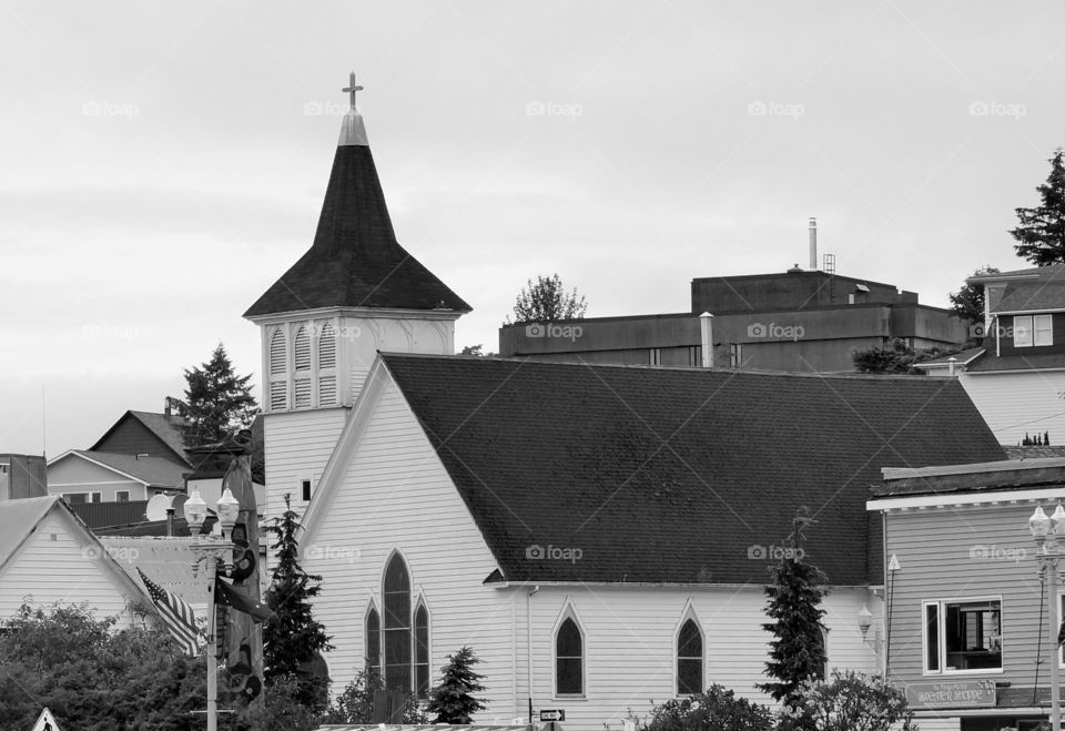Church in black & white. Photo taken in Alaska.  White church.  Black and white photo.