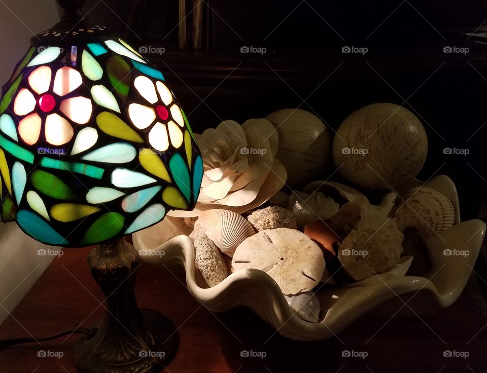 stained glass and shells