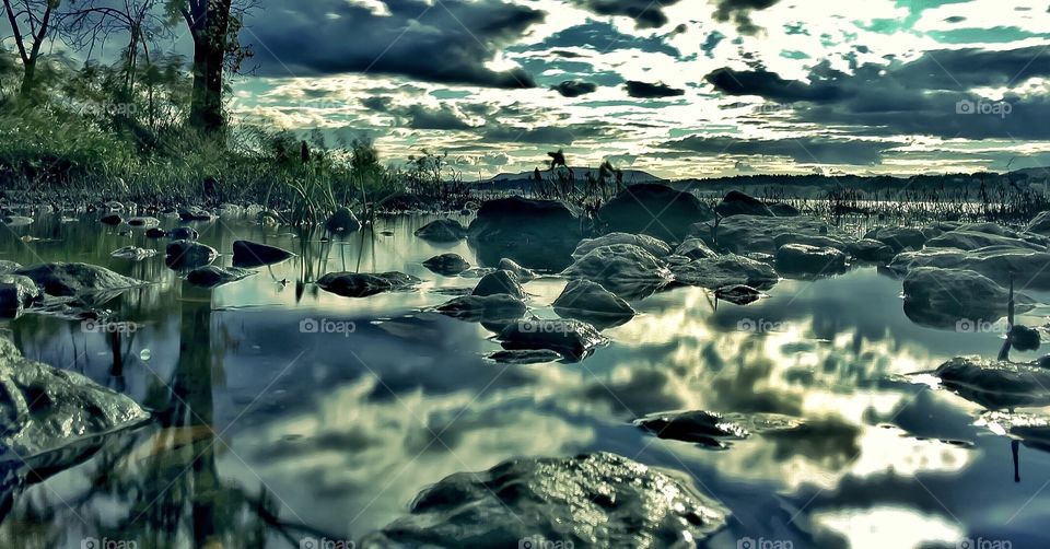 Surreal waters. A low angle shot of a still pond