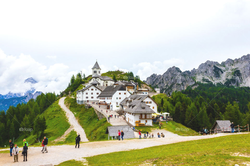 Mon Lussari, mountain village. Beautiful panoramic landscape of Mon Lussari, mountain village on Italian alps. 