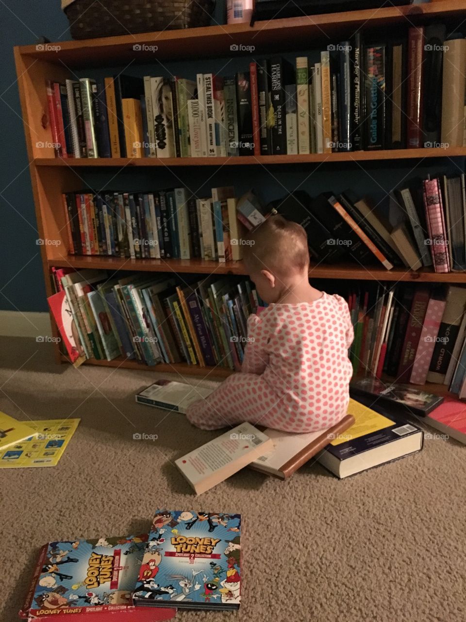 Baby and a bookshelf take 5