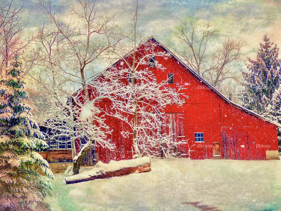 Red Indiana barn winter view. 