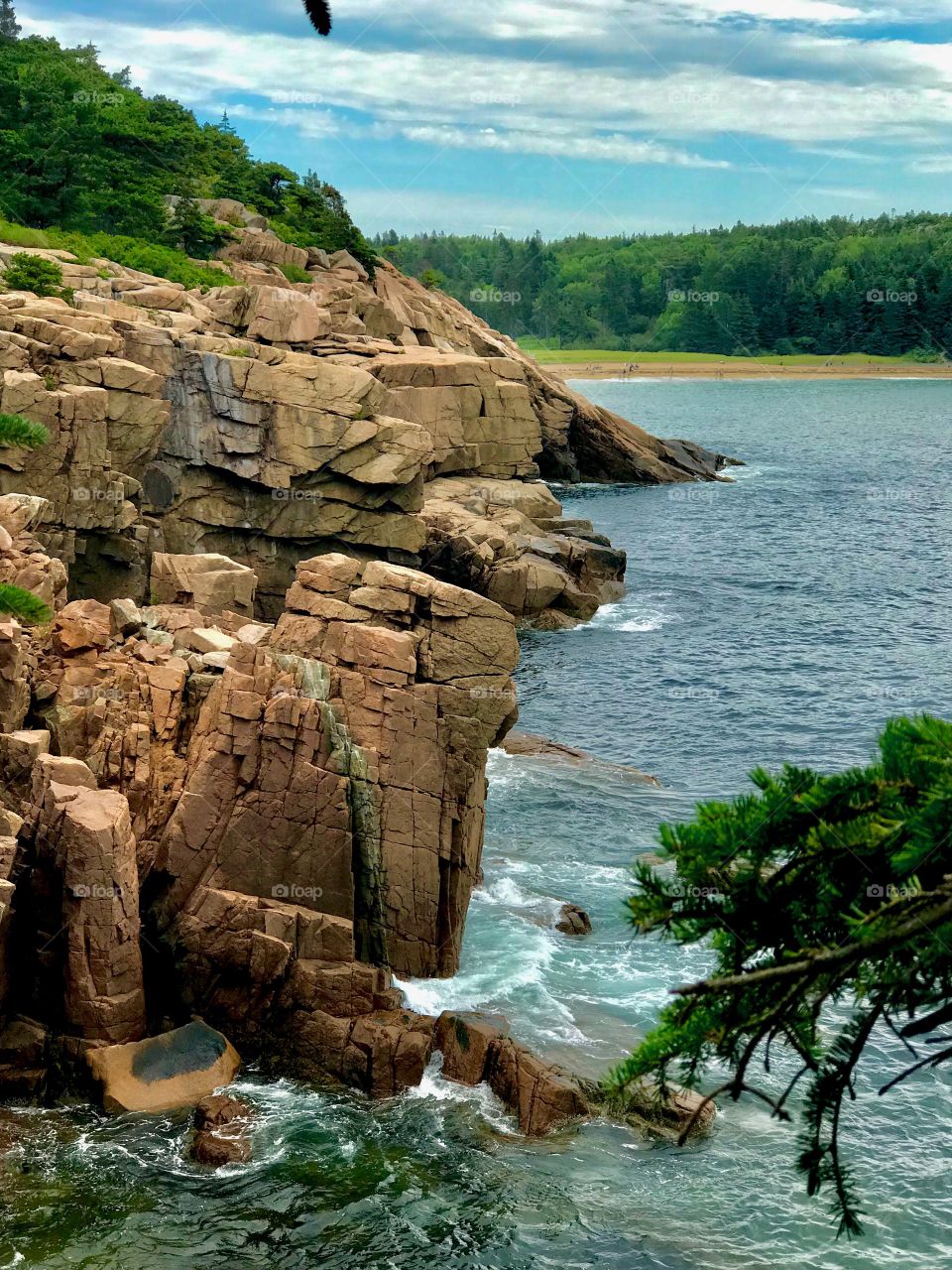 View of Sand Beach from a hiking trail in Acadia National Park 