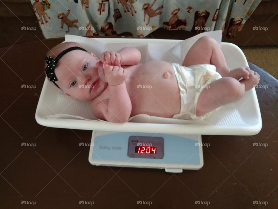 Baby lying on weighing scale