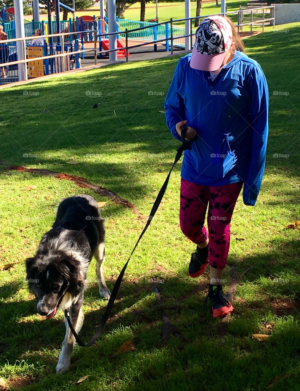 A young girl wearing a blue top, pink leggings tights and baseball cap walking border collie sheepdog on a blue leash in a park near a playground 