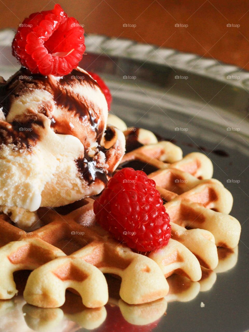 Close-up of waffle ice cream with fruit