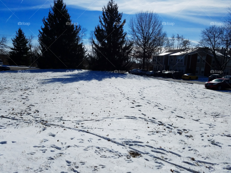 Footsteps in the snow, children have been playing and waiting the drift of snow