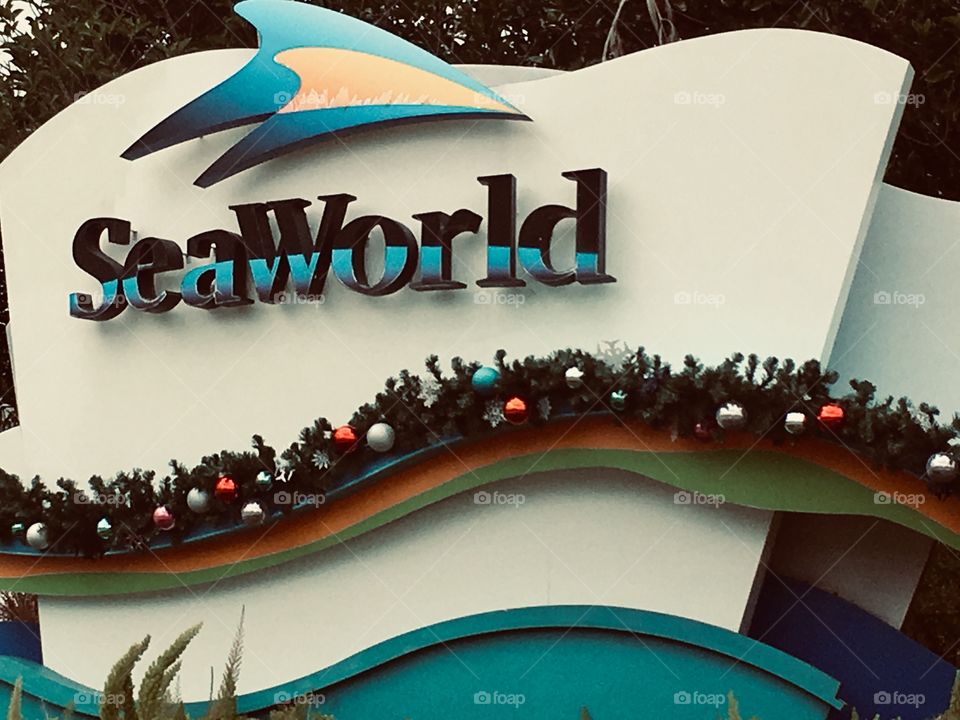 Christmas at SeaWorld sign at the entrance 