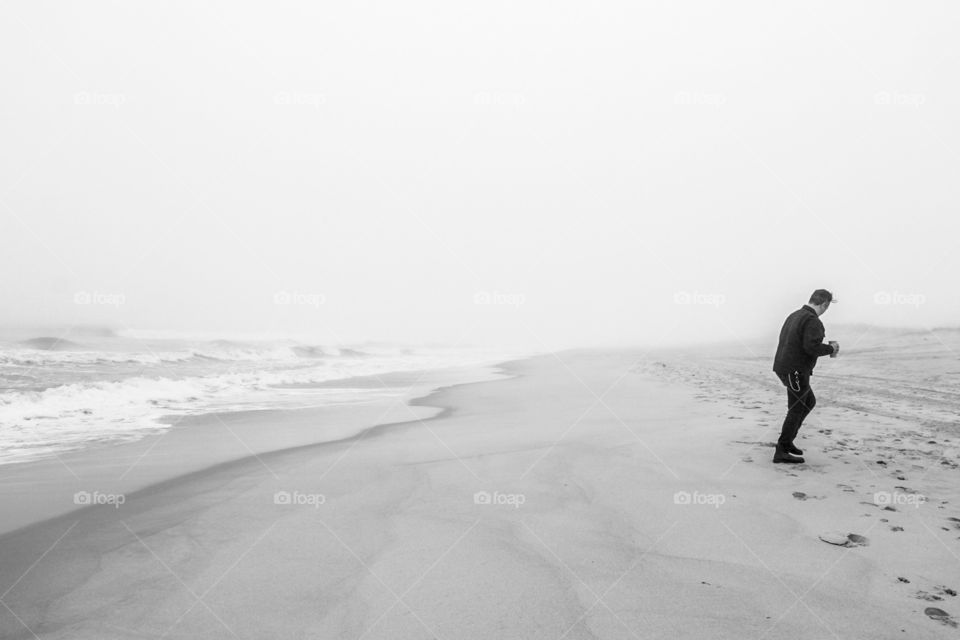 Black And White Beach Scene, Monochrome Man Walking On Beach, East Hamptons Beach 