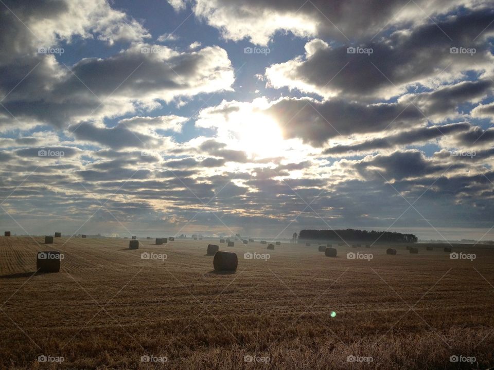 Field of hay in the misty morning with the sun shining through the clouds 