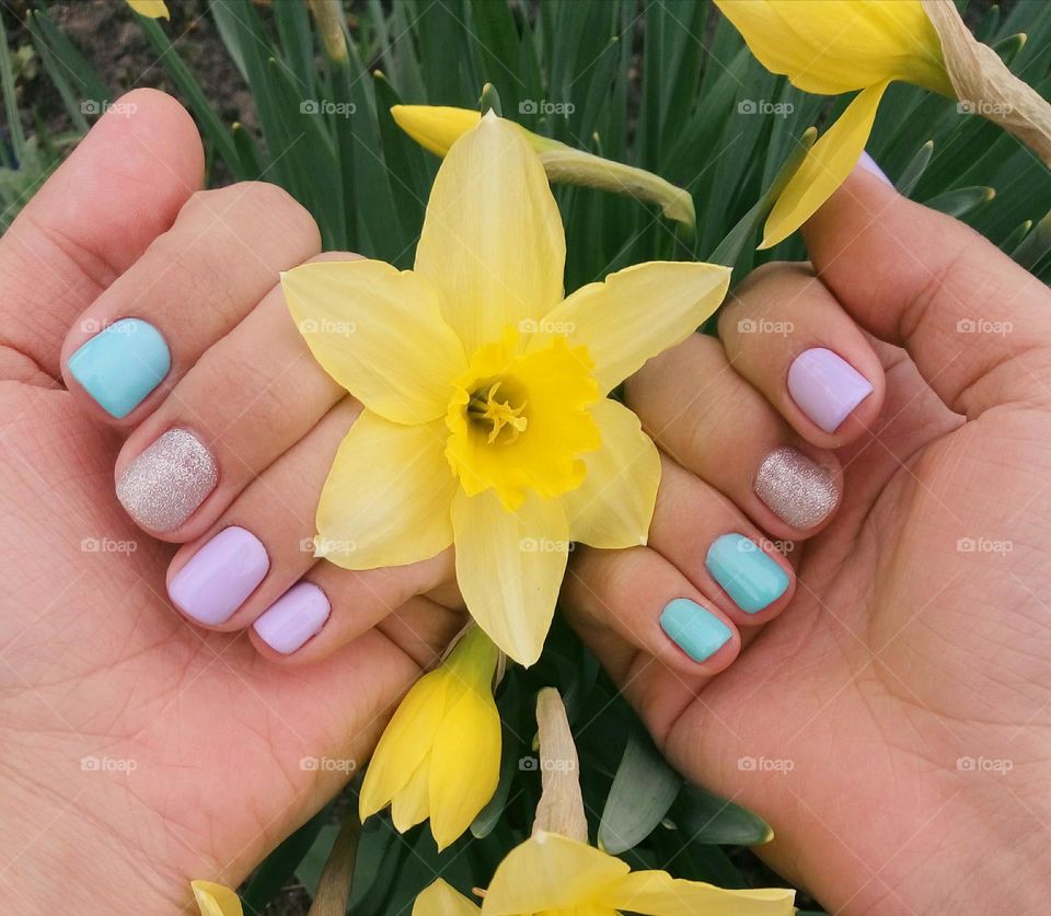 Spring manicure. Summer manicure. Yellow flower