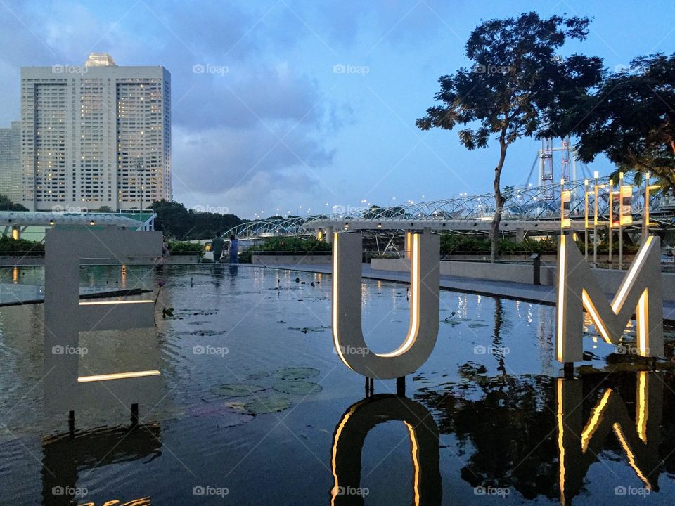 Decorative city water pool with big letters in it