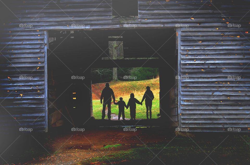 Silhouettes in a barn.