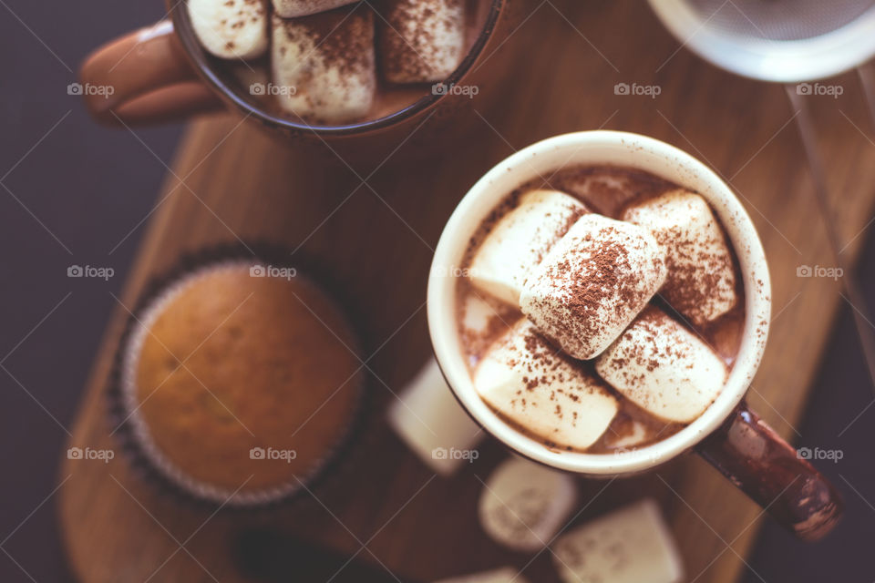 Hot chocolate, muffins, top view