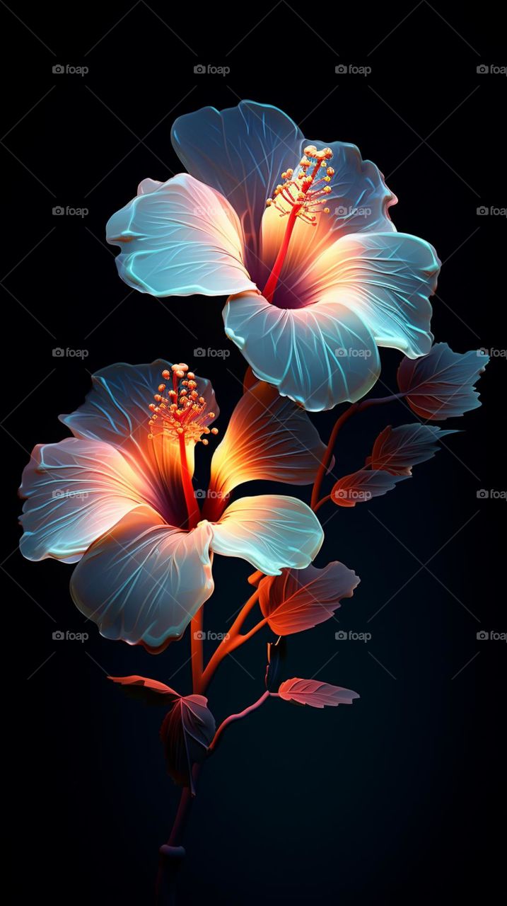 blooming light blue flowers on dark background in the style of luminescent lightscapes