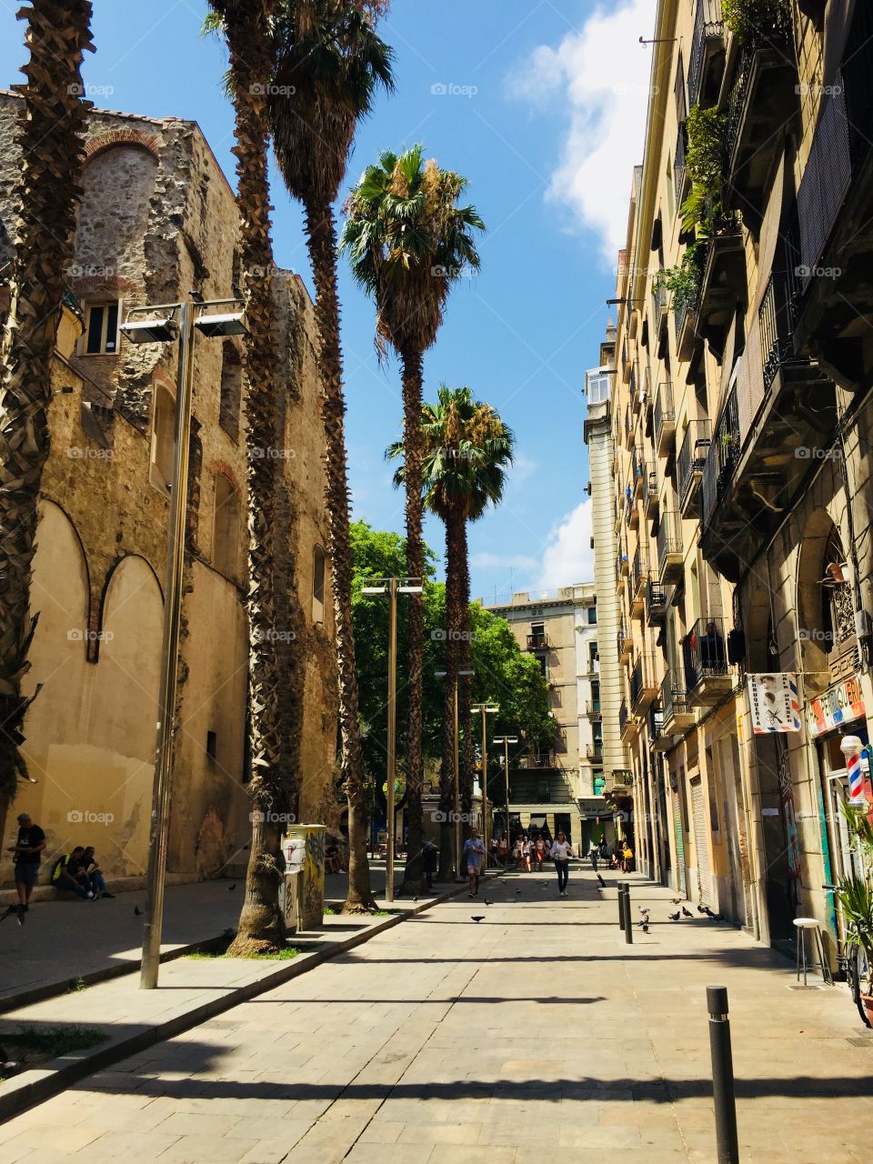narrow street view of old district of barcelona city. back side of famous street La Rambla. 