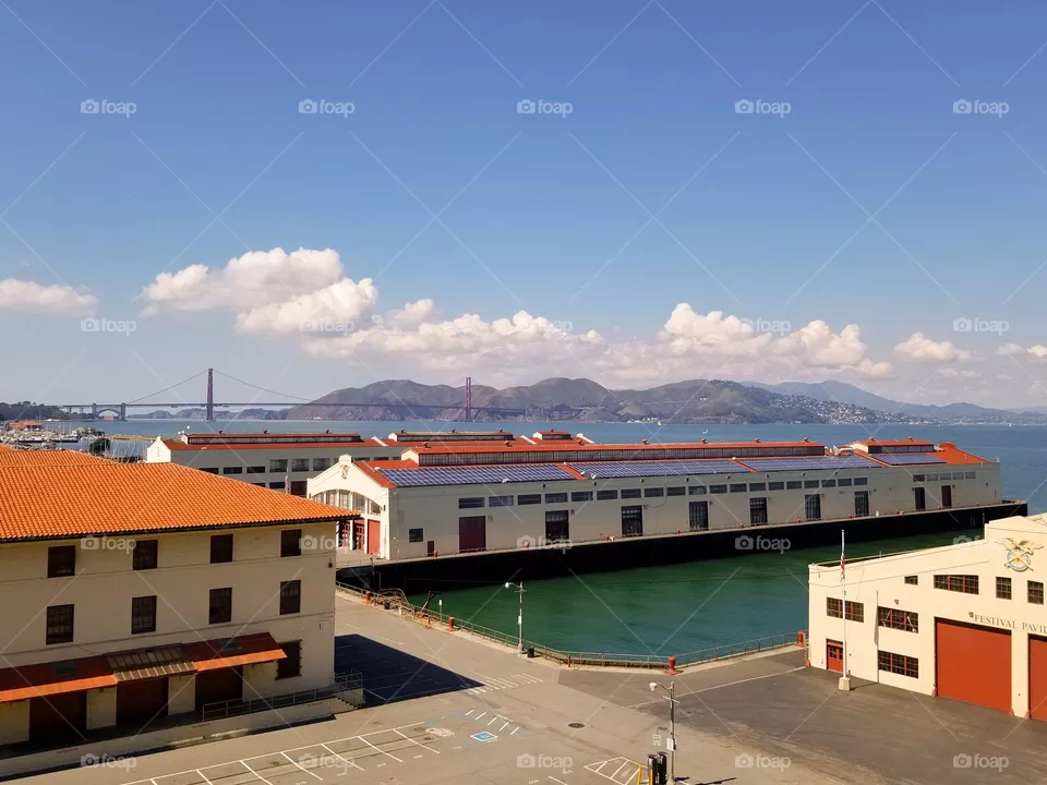 Fort Mason in San Francisco California with the Golden Gate Bridge in the background on a beautiful sunny afternoon 