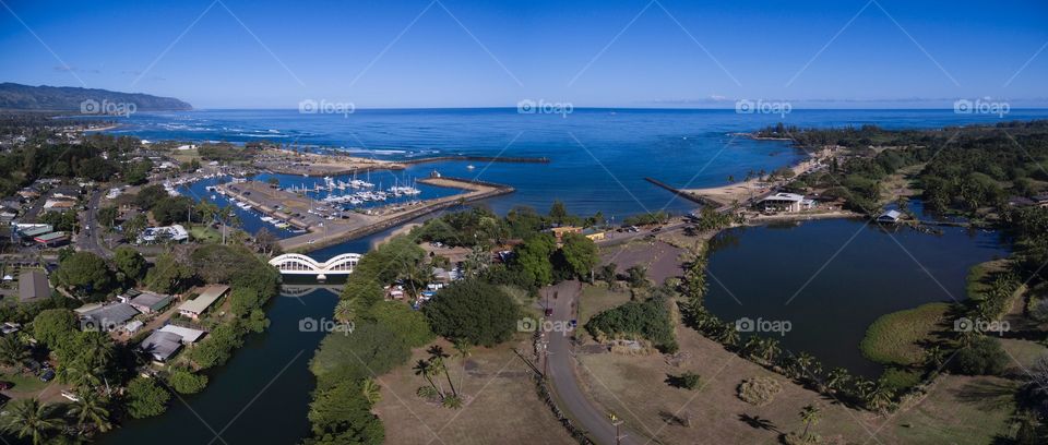 Aerial Of Haleiwa Harbor on the north shore of Oahu, Hawaii