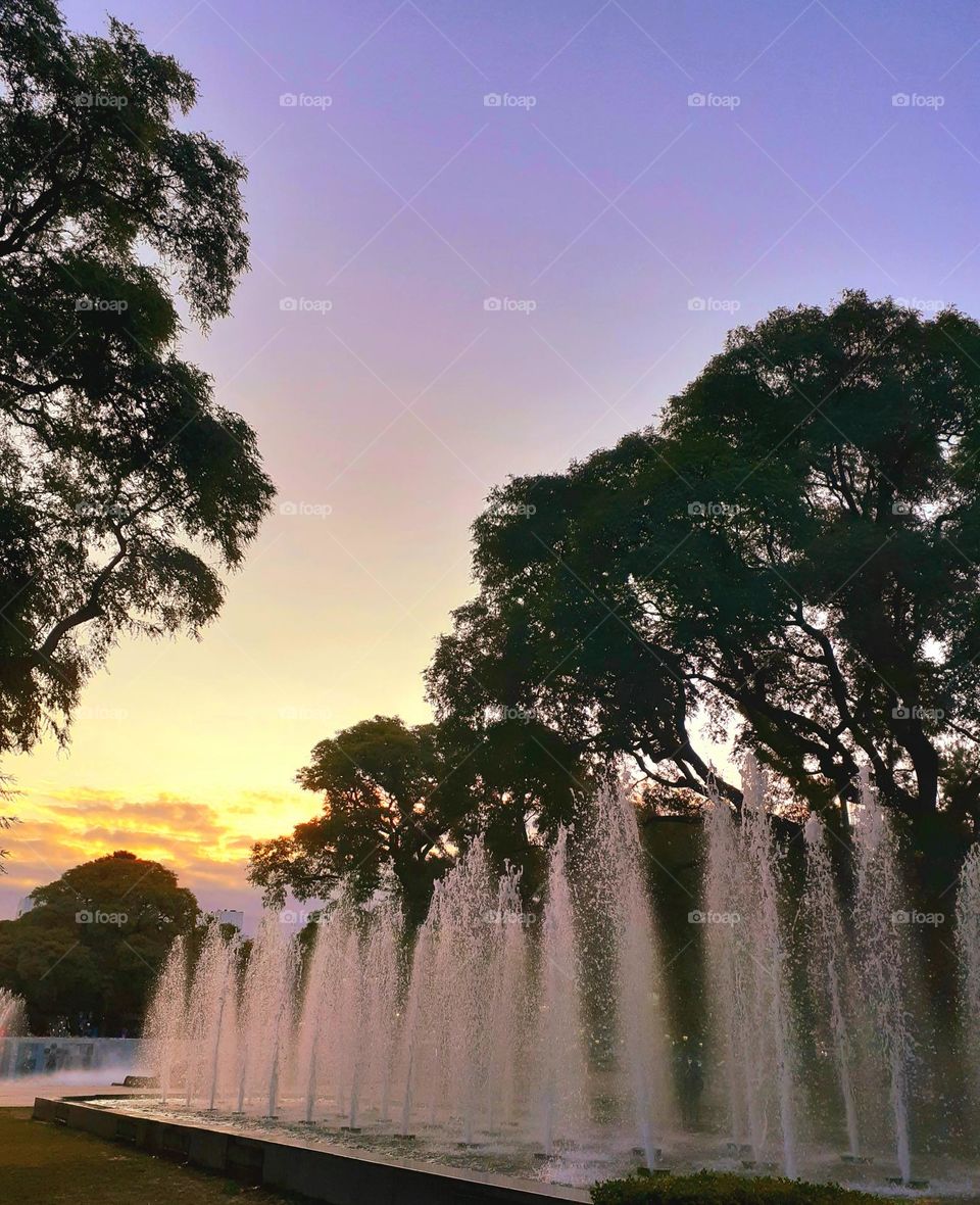 fuentes de agua y el atardecer