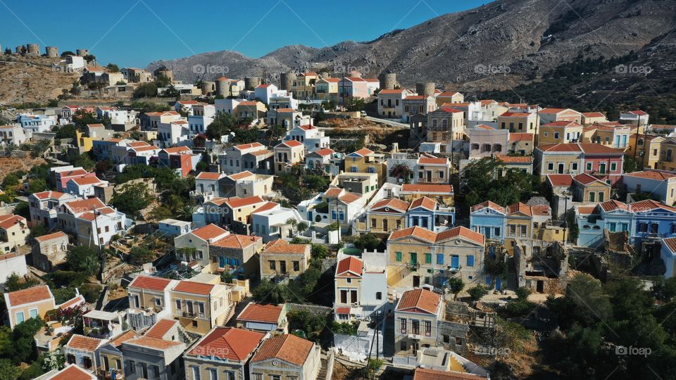 Aerial view of town in symi island 