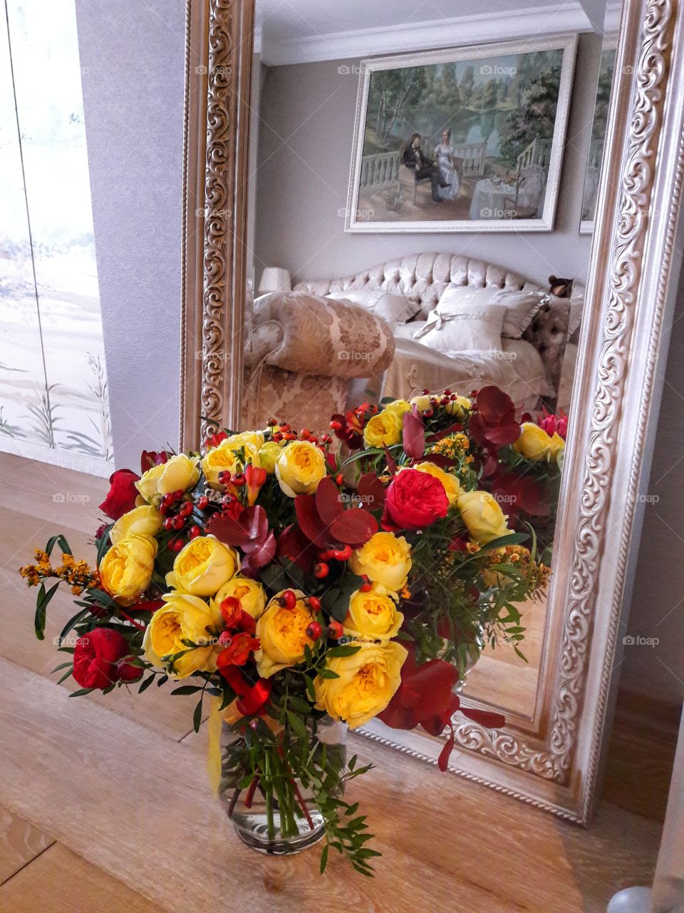 day flowers bed bedroom mirror roses cozy