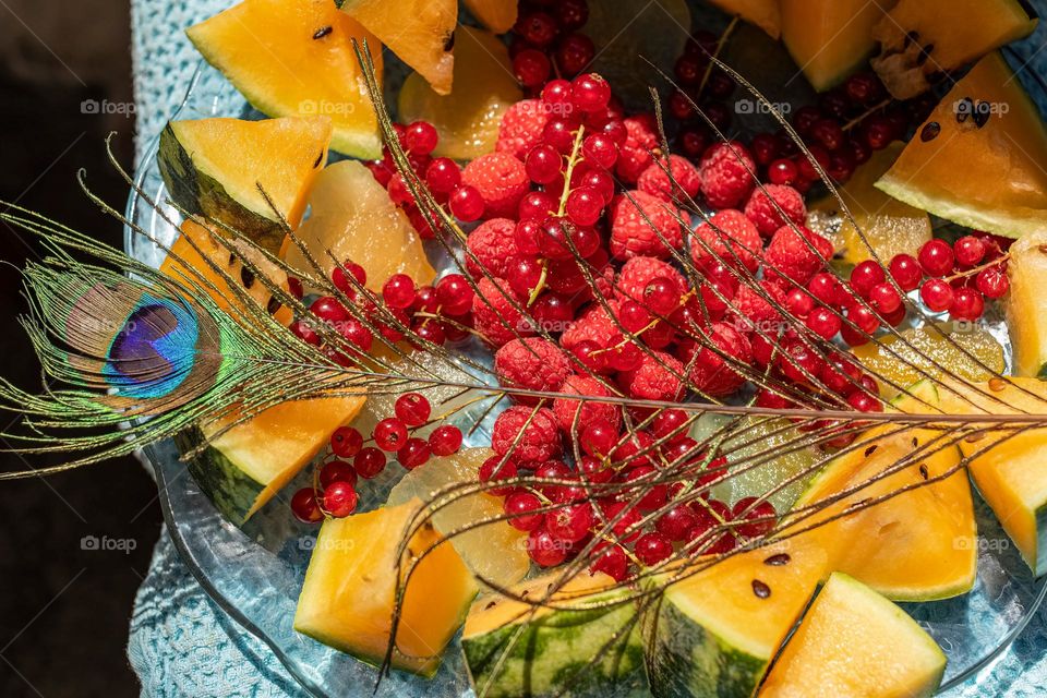 Fruit mix, summer fruit: watermelon, raspberries, red currants