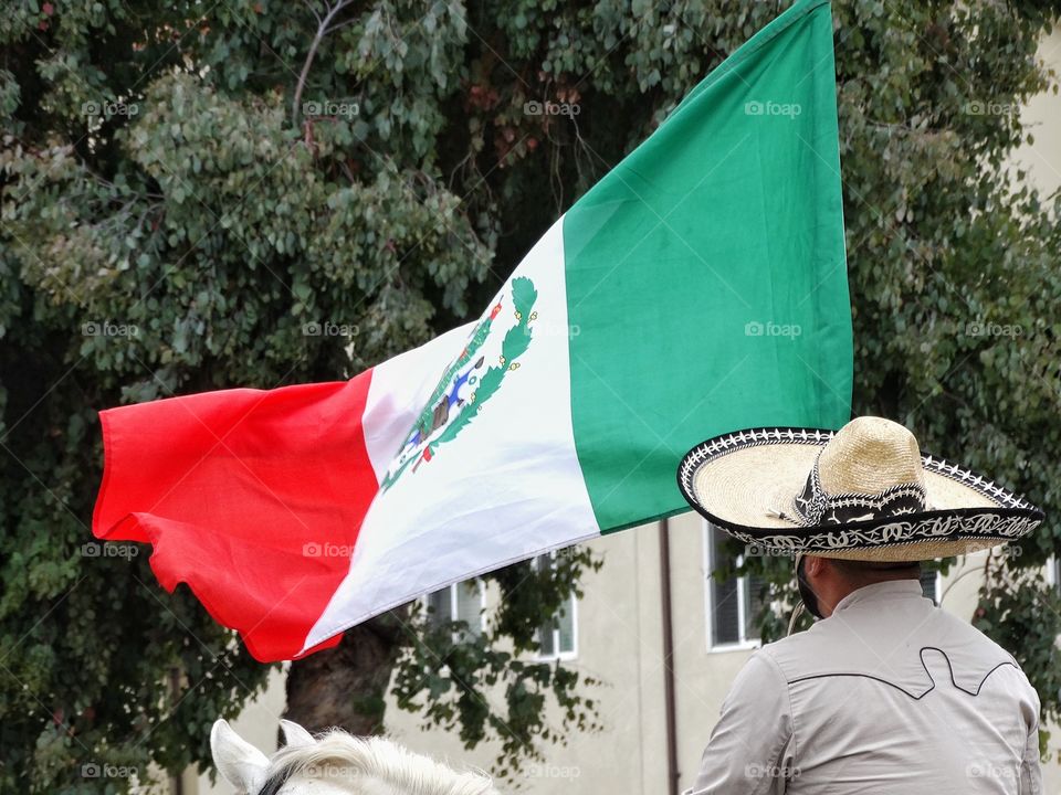 Mexican Pride. Horseman Waving A Mexican Flag
