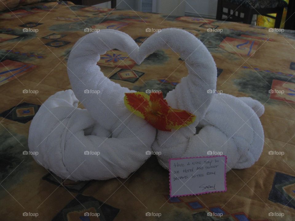 Towels folded as a pair of swans