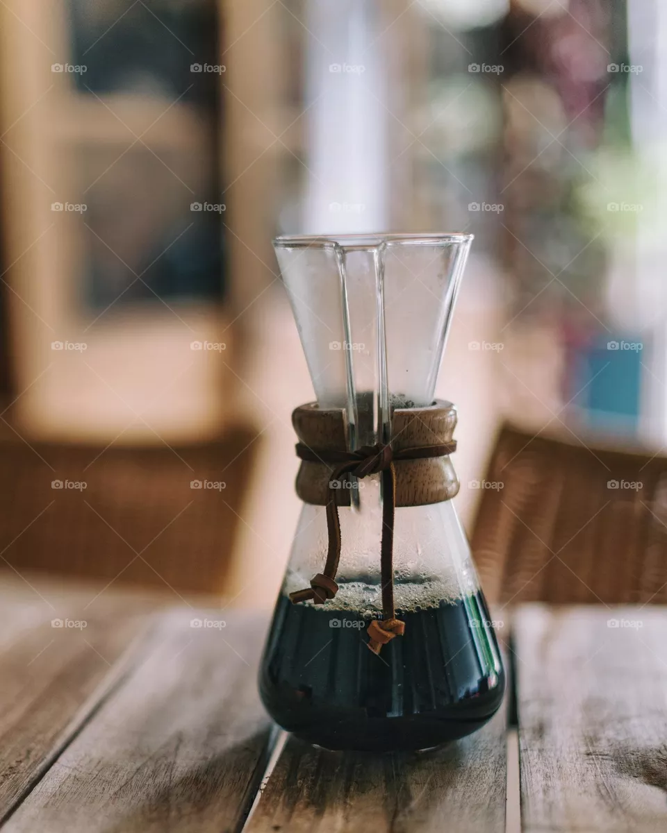 Chemex with coffee on a table