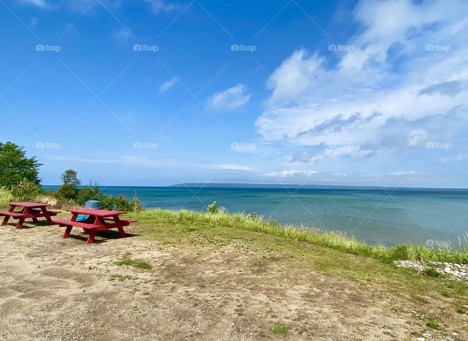 Picnic table on bluff over looking Lake Superior in Brimley Michigan Upper Peninsula 