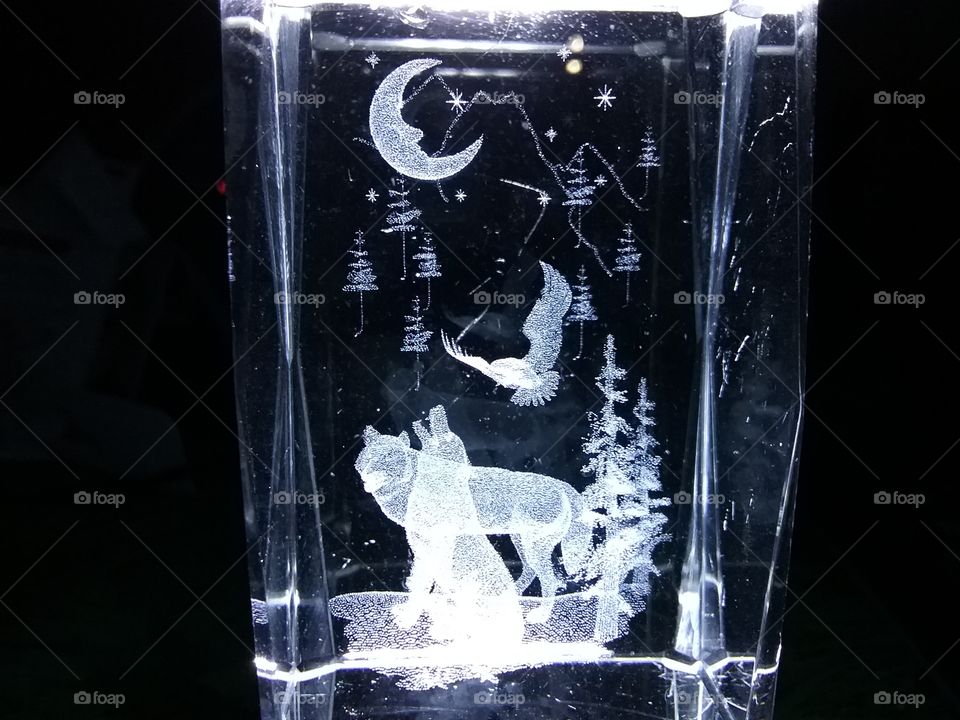 3d print of wolves and moon in acrylic cube.