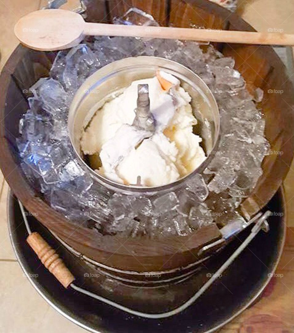 Churning homemade ice cream 