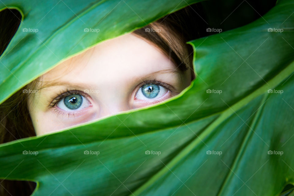 Beautiful blue green eyes framed by a green leaf