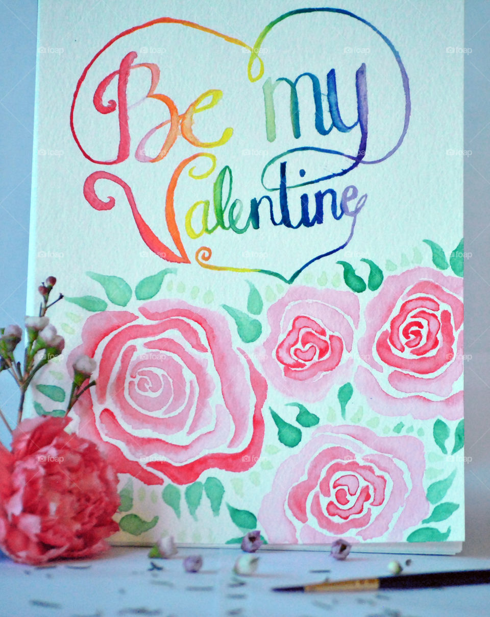 Be My Valentine, Hand painted card, rainbow, lettering, watercolor, white background