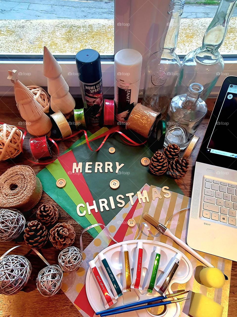 Flatlay of items to create Christmas decorations