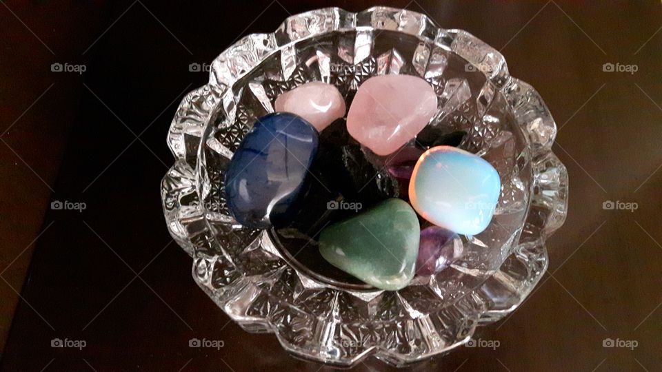 gemstones on crystal bowl
